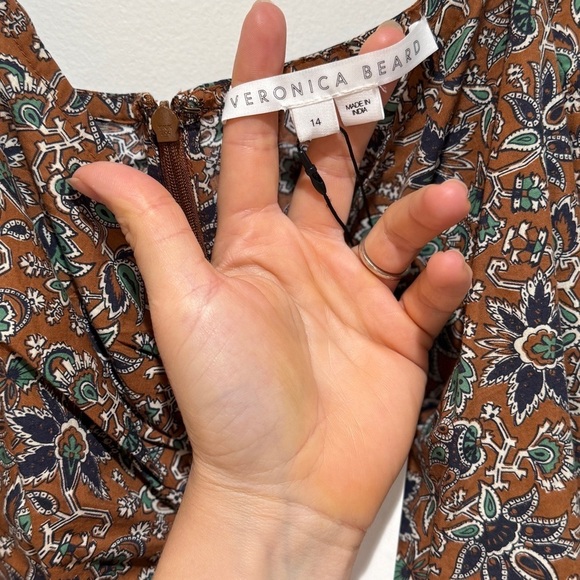 New Veronica Beard Nadi Puff Sleeve Minidress Sz 14 Floral Cinnamon Multi Ruche - Picture 4 of 13